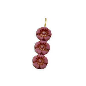 Czech glass EXTRA tiny table cut hibiscus flower beads 12pc pink silk bronze 7mm