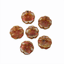 Load image into Gallery viewer, Czech glass table cut hibiscus flower beads 6pc pink white stripe picasso 14mm-Orange Grove Beads

