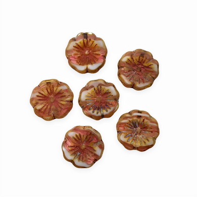 Czech glass table cut hibiscus flower beads 6pc pink white stripe picasso 14mm-Orange Grove Beads