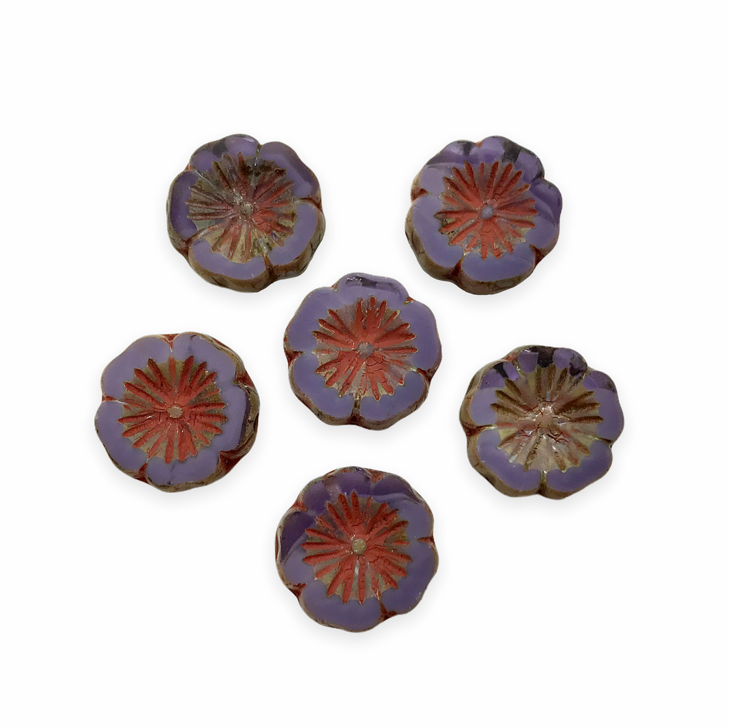 Czech glass table cut hibiscus flower beads 6pc purple picasso 14mm-Orange Grove Beads