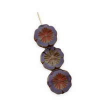 Load image into Gallery viewer, Czech glass table cut hibiscus flower beads 6pc purple picasso 14mm
