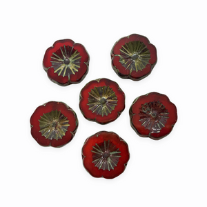 Czech glass table cut hibiscus flower beads 6pc red picasso 14mm