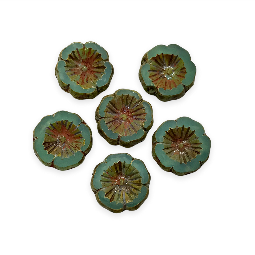 Czech glass table cut hibiscus flower beads 10pc turquoise picasso 14mm UV glow