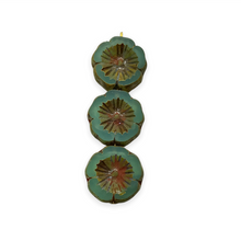 Load image into Gallery viewer, Czech glass table cut hibiscus flower beads 6pc sea green opaline picasso 14mm UV glow
