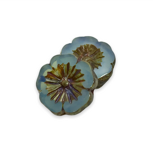 Czech glass table cut hibiscus flower beads 6pc opaline blue picasso 14mm-Orange Grove Beads