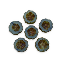 Load image into Gallery viewer, Czech glass table cut hibiscus flower beads 6pc opaline blue picasso 14mm
