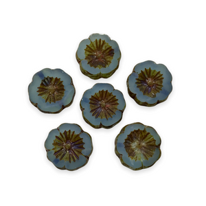 Czech glass table cut hibiscus flower beads 6pc opaline blue picasso 14mm