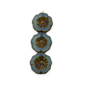 Czech glass table cut hibiscus flower beads 6pc opaline blue picasso 14mm