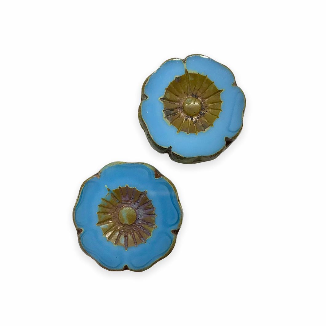 Czech glass XL table cut hibiscus flower focal beads 2pc blue picasso 22mm-Orange Grove Beads