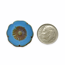 Load image into Gallery viewer, Czech glass XL table cut hibiscus flower focal beads 4pc blue picasso 22mm
