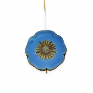 Czech glass XL table cut hibiscus flower focal beads 4pc blue picasso 22mm