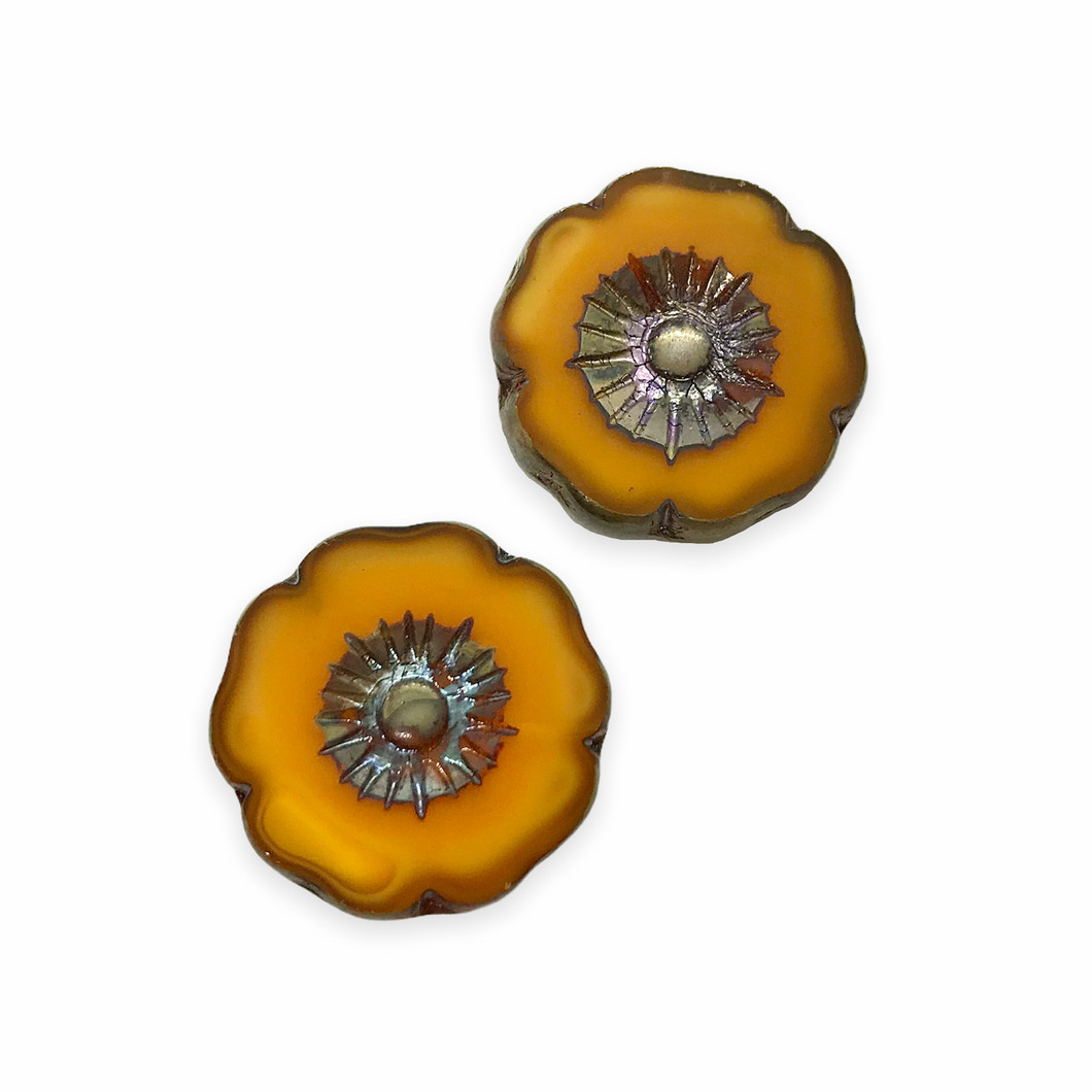 Czech glass XL table cut hibiscus flower focal beads 2pc orange picasso 22mm-Orange Grove Beads