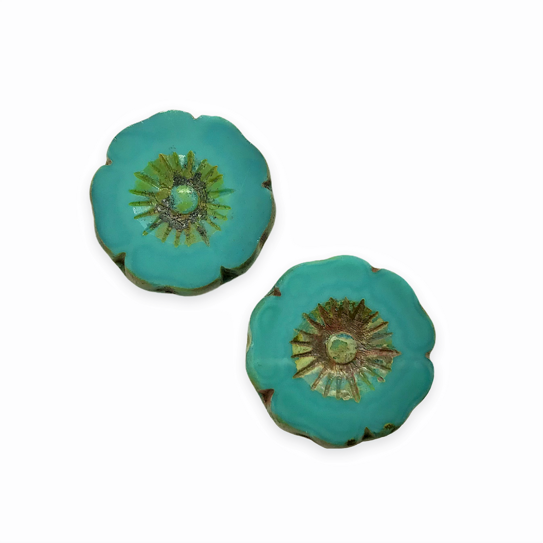 Czech glass XL table cut hibiscus flower focal beads 2pc turquoise picasso 22mm-Orange Grove Beads