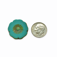 Load image into Gallery viewer, Czech glass XL table cut hibiscus flower focal beads 4pc turquoise picasso 22mm
