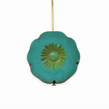 Load image into Gallery viewer, Czech glass XL table cut hibiscus flower focal beads 4pc turquoise picasso 22mm

