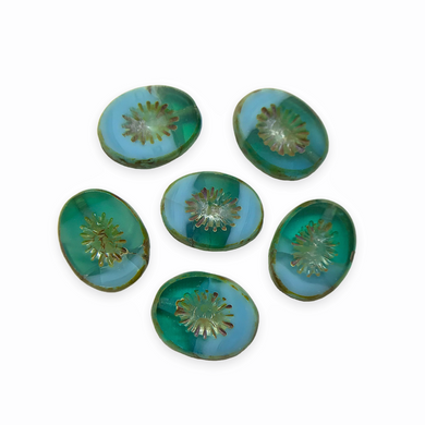Czech glass table cut kiwi oval beads 6pc turquoise blue teal picasso 14x12mm-Orange Grove Beads