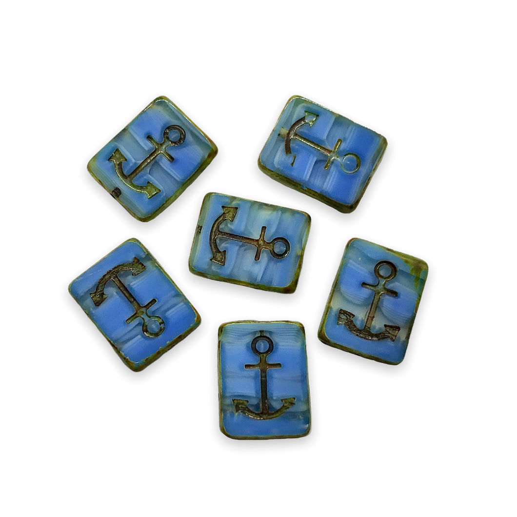 Czech glass table cut rectangle anchor beads 6pc blue marble picasso-Orange Grove Beads