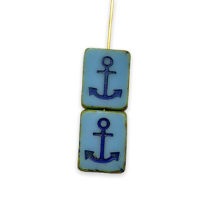 Czech glass table cut rectangle anchor beads 6pc blue navy picasso
