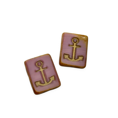 Czech glass table cut rectangle with anchor beads 6pc pink gold picasso 15x13mm-Orange Grove Beads