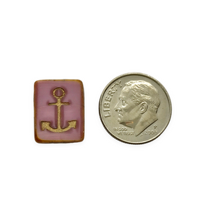 Czech glass table cut rectangle with anchor beads 6pc pink gold picasso 15x13mm