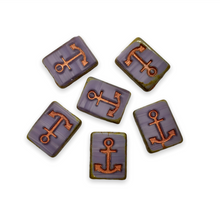 Load image into Gallery viewer, Czech glass table cut rectangle anchor beads 6pc purple copper picasso-Orange Grove Beads

