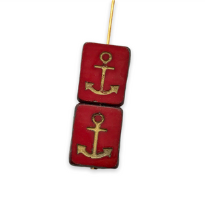 Czech glass table cut rectangle anchor beads 6pc red gold picasso 15x13mm