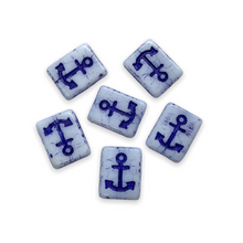 Load image into Gallery viewer, Czech glass table cut rectangle with anchor beads 6pc white blue #2-Orange Grove Beads
