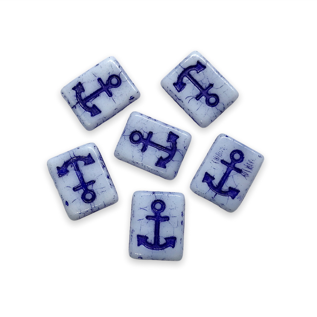 Czech glass table cut rectangle with anchor beads 6pc white blue #2-Orange Grove Beads