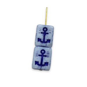 Czech glass table cut rectangle with anchor beads 6pc white blue #2