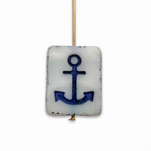 Load image into Gallery viewer, Czech glass table cut rectangle with anchor beads 6pc white blue
