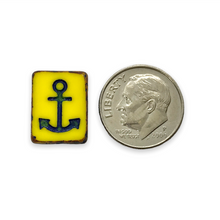 Load image into Gallery viewer, Czech glass table cut rectangle anchor beads 6pc yellow navy picasso 15x13mm

