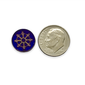 Czech glass ships wheel table cut coin beads 6pc blue bronze 12mm