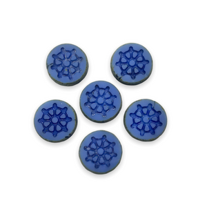 Czech glass ships wheel table cut coin beads 6pc opaque blue picasso 12mm-Orange Grove Beads