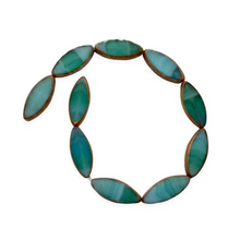 Load image into Gallery viewer, Czech glass spindle oval table cut beads 10pc blue green copper 18x7mm
