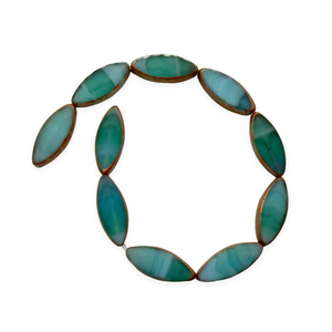 Czech glass spindle oval table cut beads 10pc blue green copper 18x7mm