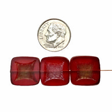 Load image into Gallery viewer, Czech glass table cut square beads 4pc red with bronze &amp; silver patina
