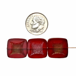 Czech glass table cut square beads 4pc red with bronze & silver patina
