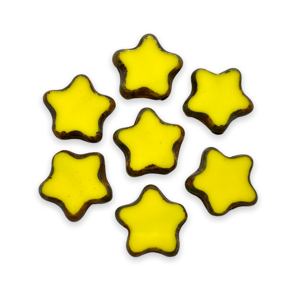 Czech glass table cut star beads 10pc opaque yellow picasso edge 12mm-Orange Grove Beads