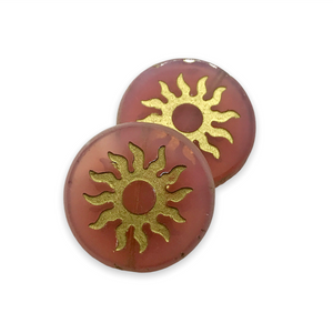 Czech glass sun coin focal beads 2pc table cut opaline pink gold 22mm-Orange Grove Beads