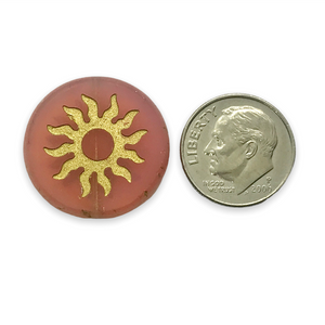 Czech glass sun coin focal beads 2pc table cut opaline pink gold 22mm