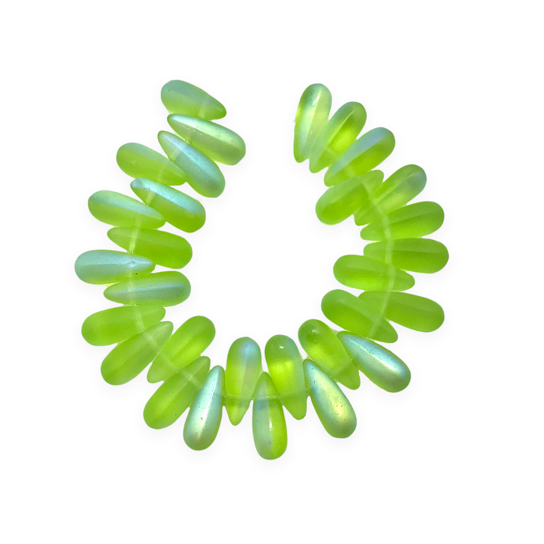 Czech glass teardrop beads 30pc frosted peridot green AB 12x5mm-Orange Grove Beads