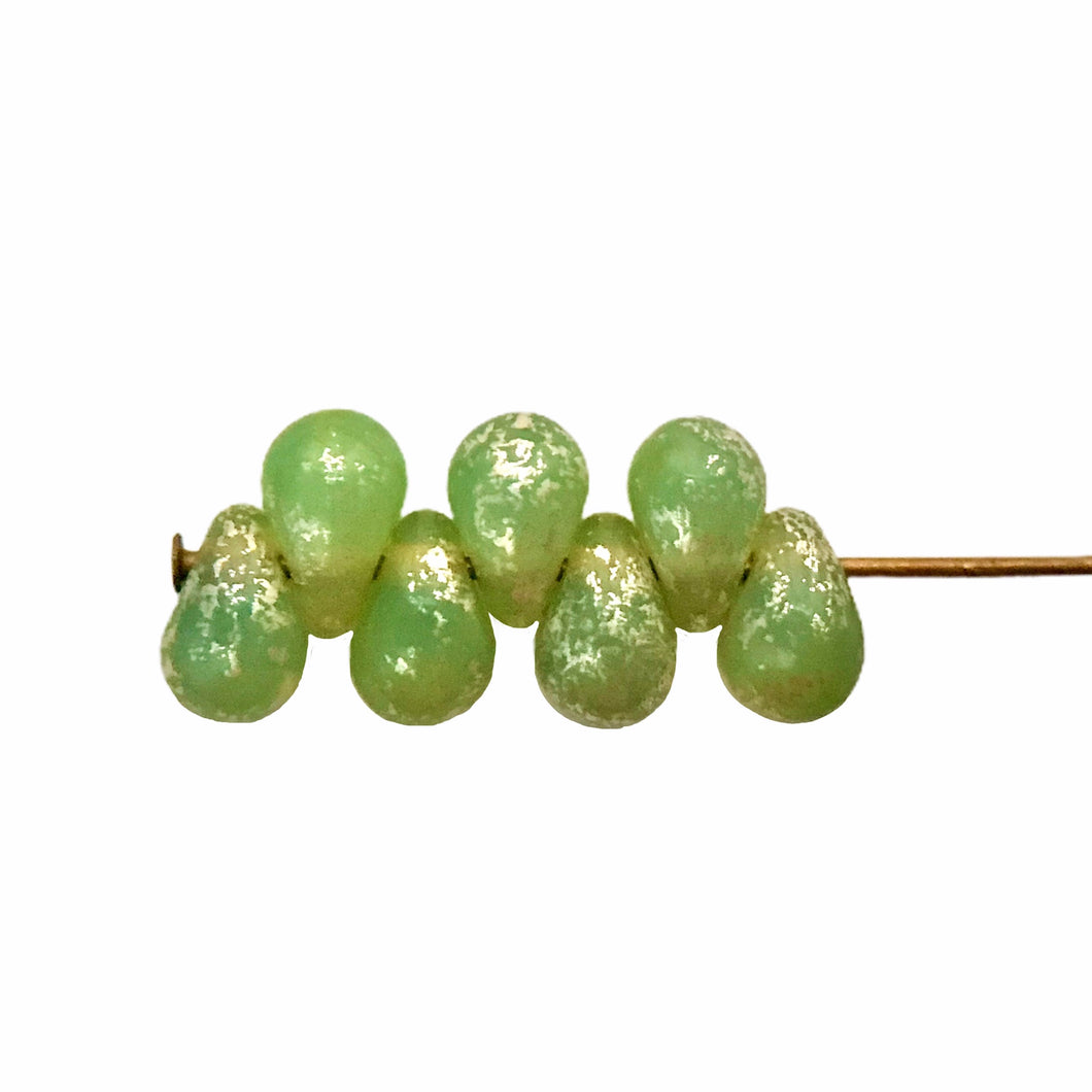 Czech glass teardrop beads 50pc milky opal green silver 6x4mm-Orange Grove Beads