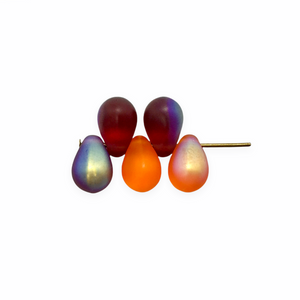 Czech glass teardrop beads 30pc matte purple orange AB Halloween mix 9x6mm