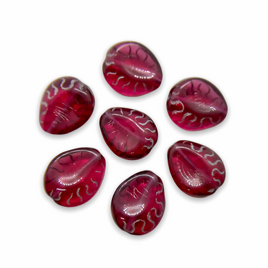 Czech glass carved teardrop beads 12pc mulberry pink red silver-Orange Grove Beads