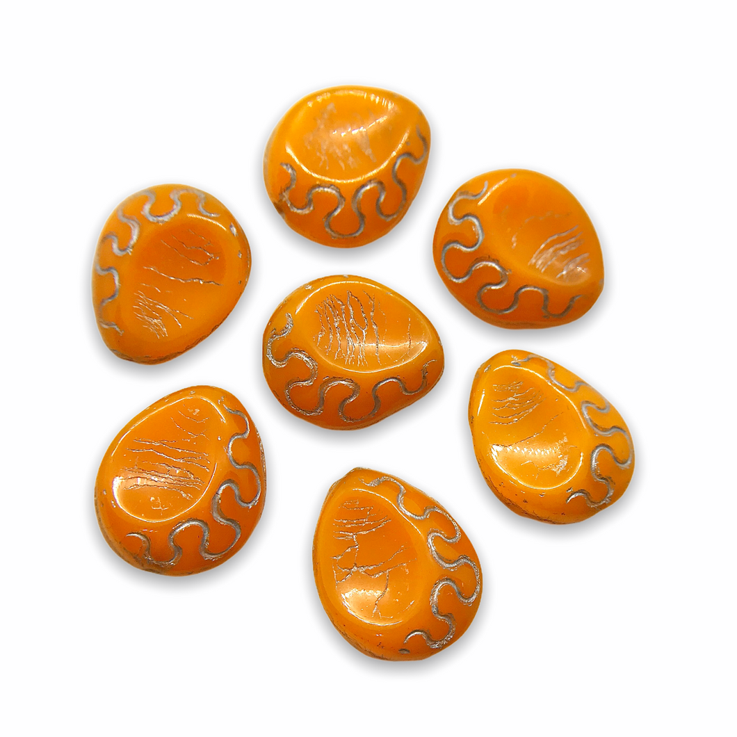 Czech glass carved thumbprint teardrop beads 12pc orange silver-Orange Grove Beads