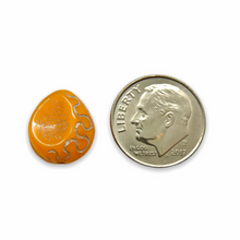 Load image into Gallery viewer, Czech glass carved thumbprint teardrop beads 12pc orange silver 13x11mm
