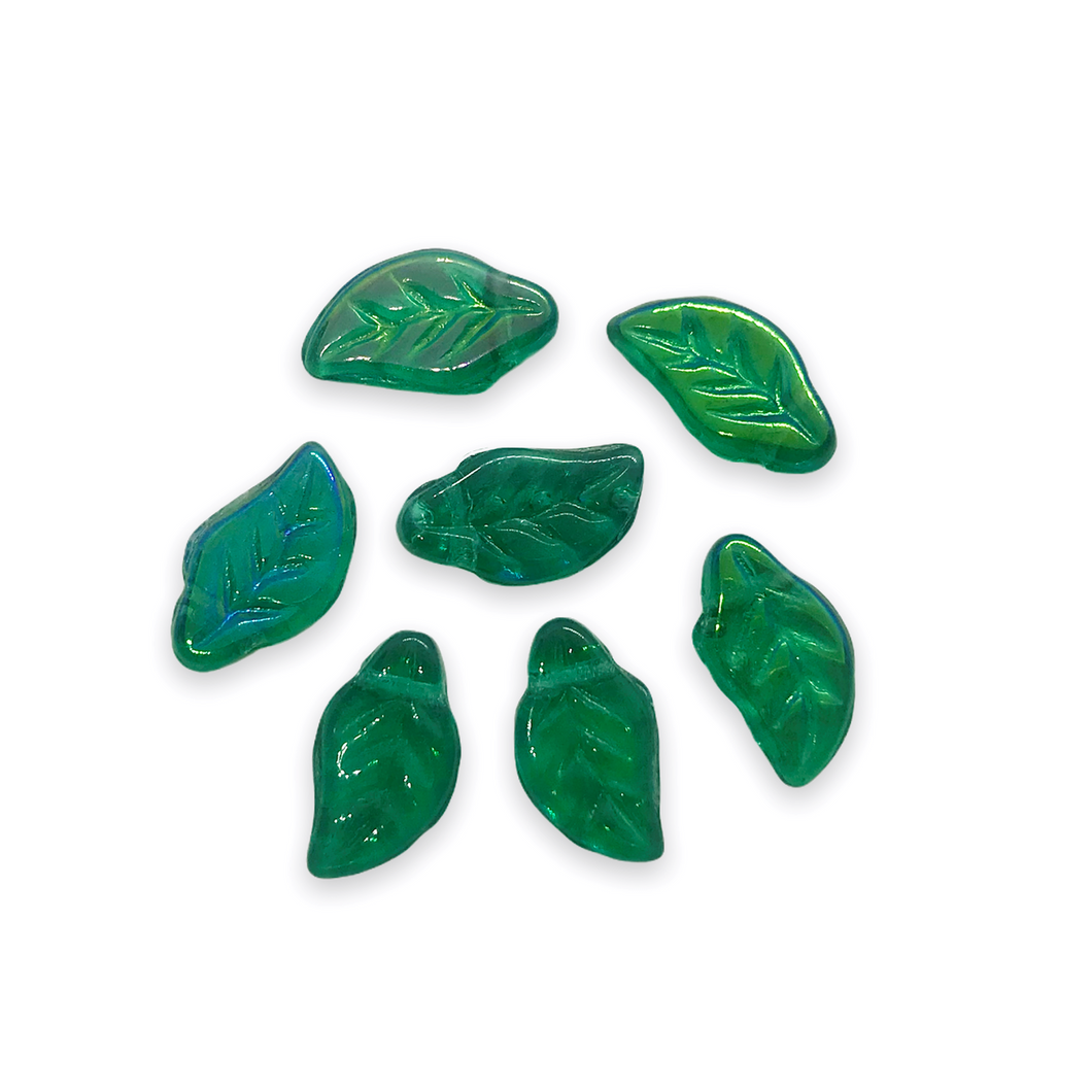 Czech glass tiny bay leaf beads 30pc emerald green AB 11x6mm-Orange Grove Beads