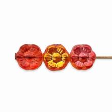 Load image into Gallery viewer, Czech glass tiny hibiscus flower beads 29pc orange yellow coral AB 6mm
