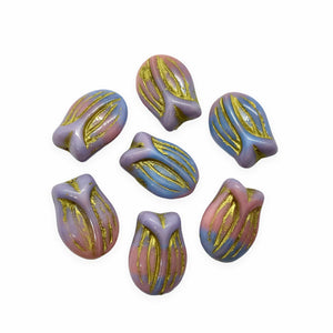 Czech glass tulip flower bud beads charms 8pc blue purple pink gold vertical drill 16x11mm-Orange Grove Beads