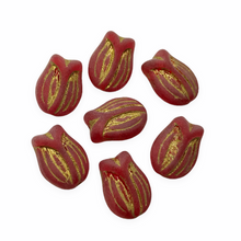 Load image into Gallery viewer, Czech glass flat tulip flower beads charms 8pc frosted red gold vertical drill 16x11mm-Orange Grove Beads
